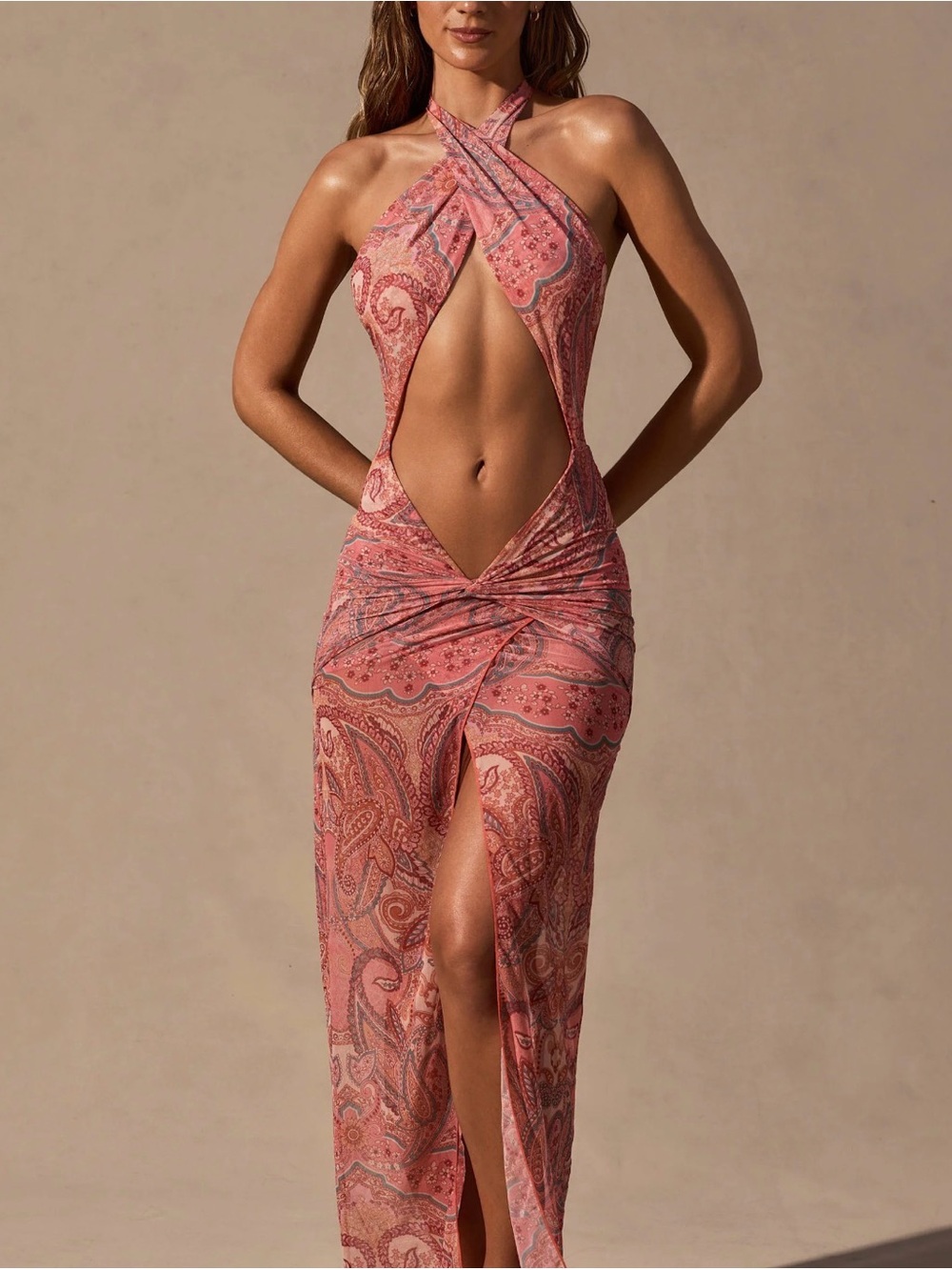 Oh Polly Coral Paisley Halter Maxi Dress(Swim)